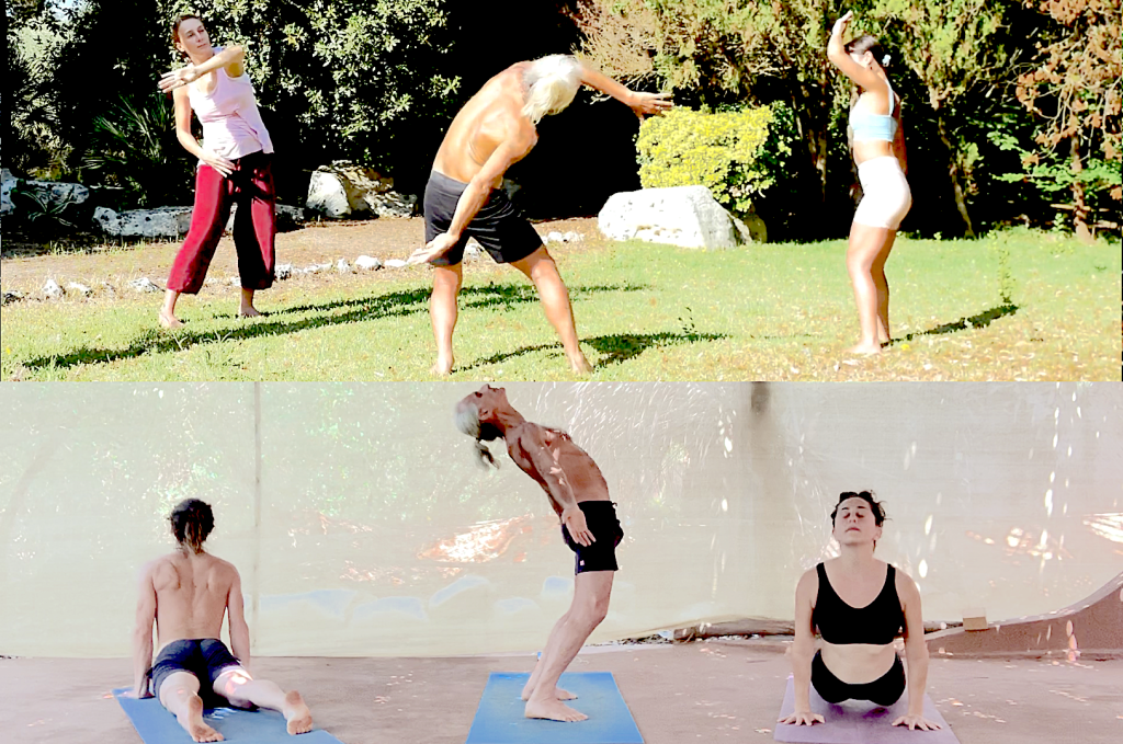 Simon Borg-Olivier synergy yoga adapted standing poses with two assistants demonstrating variations